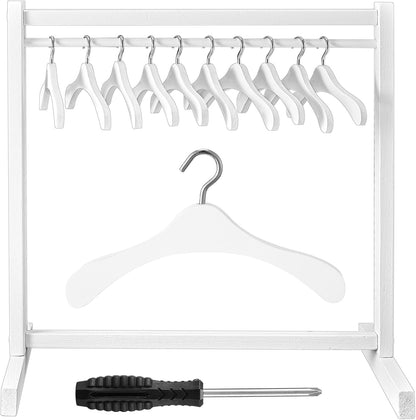 Civaner 11 Pcs Doll Garment Rack with Wooden Clothes Hanger for 18 Inch Girl Doll Clothes Mini Hangers Wardrobe Furniture Accessories for Dollhouse Baby Shower Supplies (Wood)