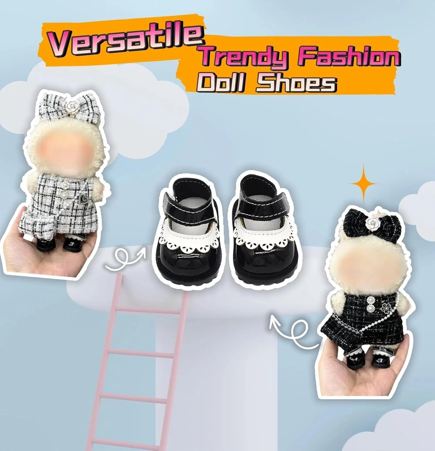 Doll Shoes Compatible with 17 cm Dolls, Versatile Doll Shoes with Custom Fit - Hook & Loop Fastening for Easy On/Off, Doll Accessories Secure for Bag Clip, No Doll