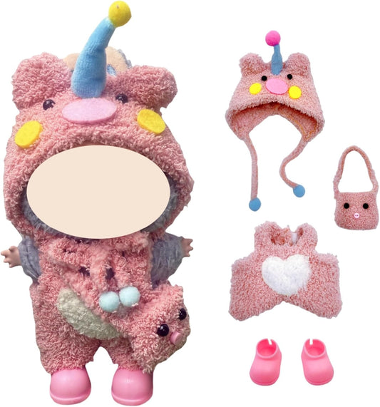 17cm Doll Clothes, 4-Piece Clothes for Dolls Outfit, Accessories for Cute Dolls Clothes, Pink Hat + Overalls + Bag + Shoe, No Doll Included