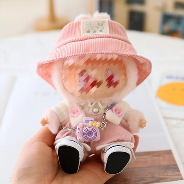 Clothes Set for 17CM/ 6.7 Inch Doll, Crochet 4 Piece Set Hat Clothes Cell Phone Backpack for LABUBU, Stylish Adorable Dolls Clothes Accessories (No Doll) (Pink)