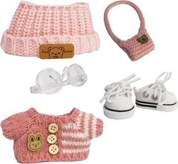 Cloth for 15cm ＆ 17cm Doll,5-Piece Handcrafted Crochet Clothes Outfit for Doll(NO Doll) - Light Pink Clothes + Light Pink Bear-Shaped Velvet hat + Glasses + Shoulder Bag + White Canvas Shoes