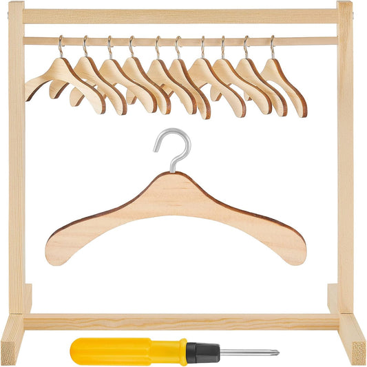 Civaner 11 Pcs Doll Garment Rack with Wooden Clothes Hanger for 18 Inch Girl Doll Clothes Mini Hangers Wardrobe Furniture Accessories for Dollhouse Baby Shower Supplies (Wood)