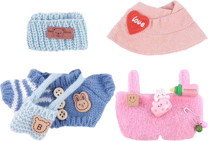 2 Sets of Clothes for Doll, 5 Pcs Accessories for Doll 6.7in/17cm Outfits Knit Hat+T-Shirt+Bag, Doll Sun Hat+Bib Pants