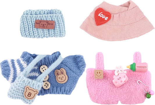 2 Sets of Clothes for Doll, 5 Pcs Accessories for Doll 6.7in/17cm Outfits Knit Hat+T-Shirt+Bag, Doll Sun Hat+Bib Pants