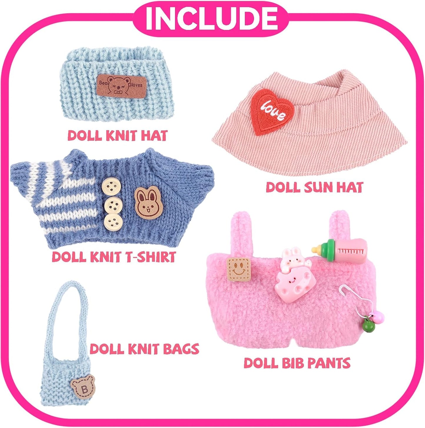 2 Sets of Clothes for Doll, 5 Pcs Accessories for Doll 6.7in/17cm Outfits Knit Hat+T-Shirt+Bag, Doll Sun Hat+Bib Pants