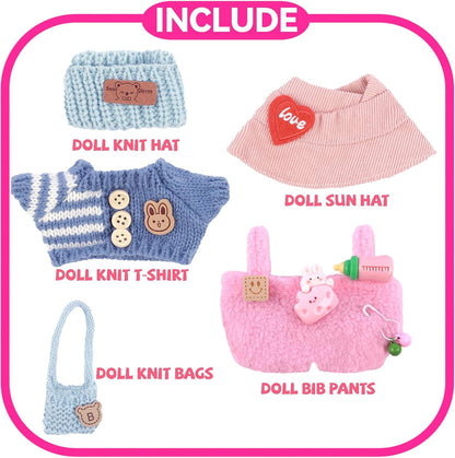2 Sets of Clothes for Doll, 5 Pcs Accessories for Doll 6.7in/17cm Outfits Knit Hat+T-Shirt+Bag, Doll Sun Hat+Bib Pants