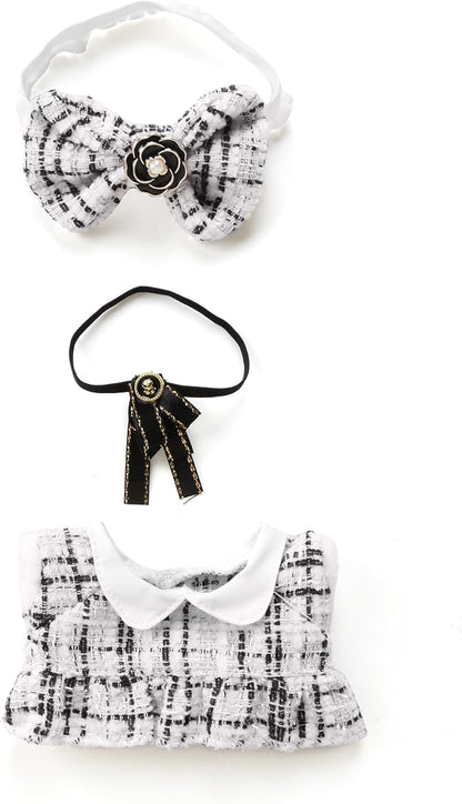 17cm Doll Clothes - Luxury Chic Style Set for 17cm Dolls, Premium Doll Outfit with Accessories - White Plaid Tweed Dress + Black Necktie + Plaid Bow (NO Doll)