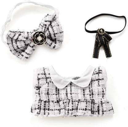 17cm Doll Clothes - Luxury Chic Style Set for 17cm Dolls, Premium Doll Outfit with Accessories - White Plaid Tweed Dress + Black Necktie + Plaid Bow (NO Doll)