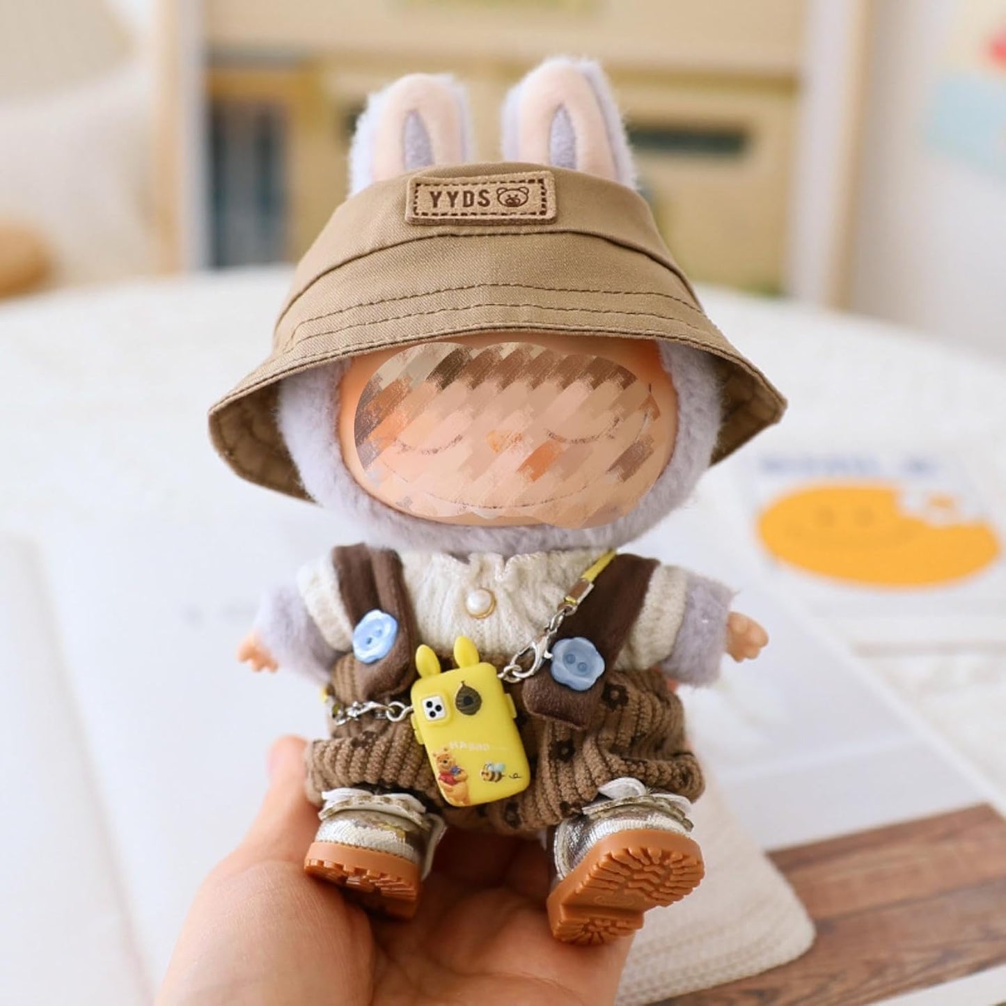 Clothes Set for 17CM/ 6.7 Inch Doll, Crochet 4 Piece Set Hat Clothes Cell Phone Backpack for LABUBU, Stylish Adorable Dolls Clothes Accessories (No Doll) (Pink)