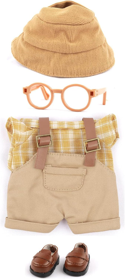 Clothes for Doll, 5-Piece Set Doll Clothes 6.7in/17cm Doll Outfits Cute Accessories for Doll Includes Doll Shoes+Doll Hat+Plaid T-Shirt+Bib Pants+Glasses Clothes Set