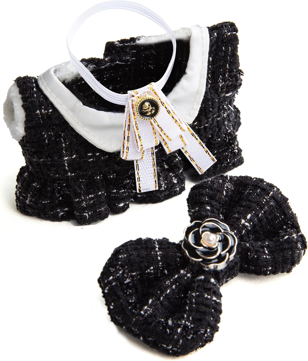 17cm Doll Clothes - Luxury Chic Style Set for 17cm Dolls, Premium Doll Outfit with Accessories - White Plaid Tweed Dress + Black Necktie + Plaid Bow (NO Doll)
