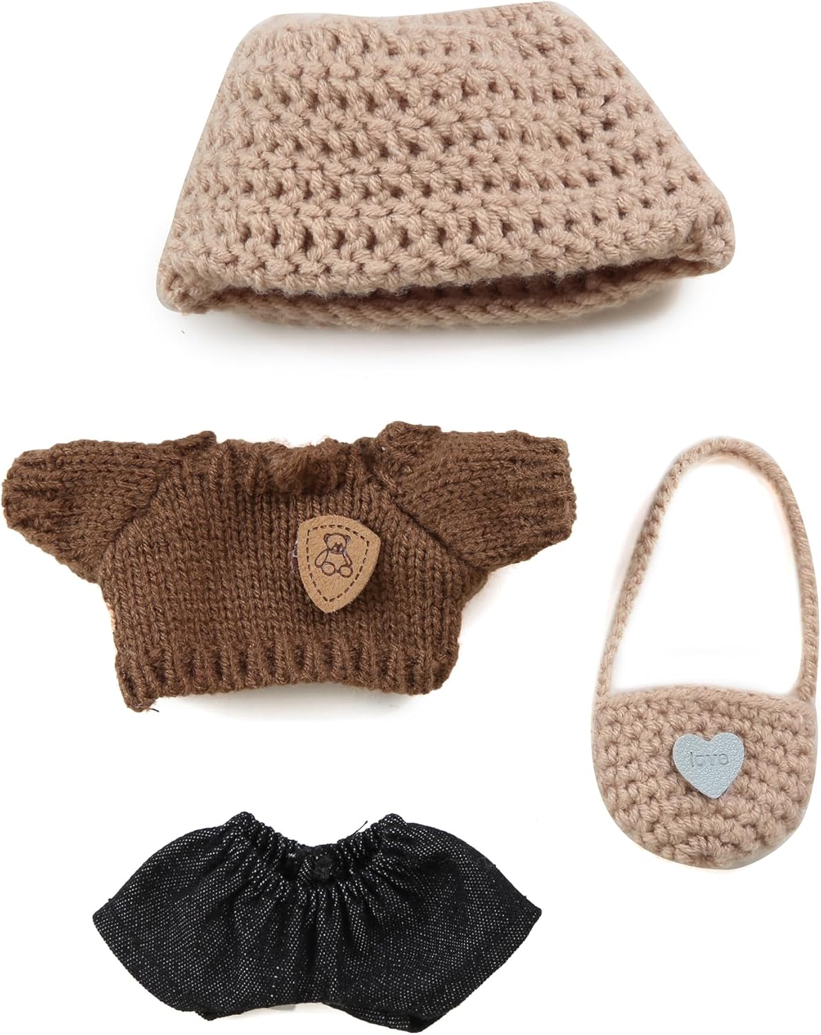 17cm Doll Clothes - Kawaii Chic Style Set for 17cm Dolls, Premium Doll Outfit with Accessories - Khaki Wool Hat + Brown Romper + Black Jeans + Khaki Bag (NO Doll)