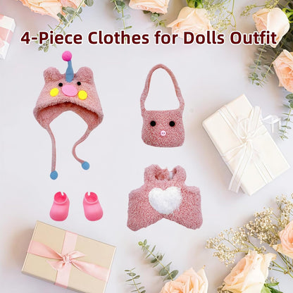 17cm Doll Clothes, 4-Piece Clothes for Dolls Outfit, Accessories for Cute Dolls Clothes, Pink Hat + Overalls + Bag + Shoe, No Doll Included
