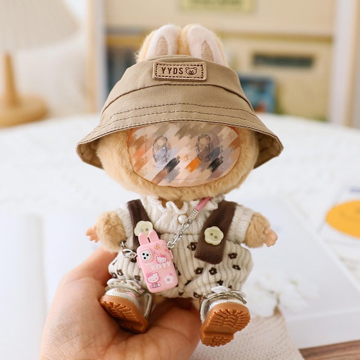 Clothes Set for 17CM/ 6.7 Inch Doll, Crochet 4 Piece Set Hat Clothes Cell Phone Backpack for LABUBU, Stylish Adorable Dolls Clothes Accessories (No Doll) (Pink)