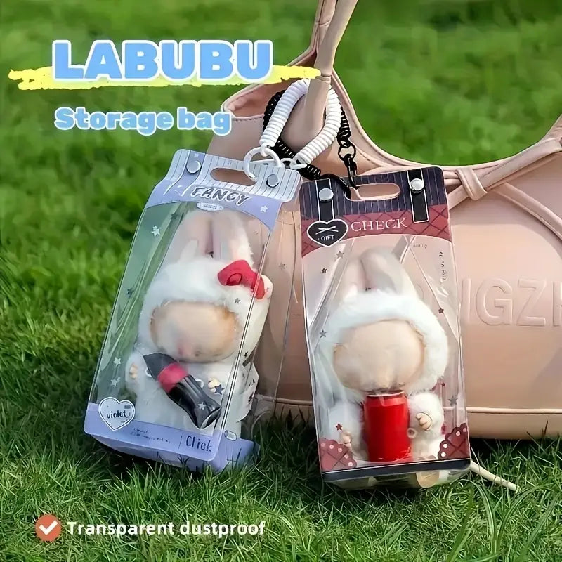 Transparent Dustproof Storage Bag with Spring Keychain for LABUBU - High-Quality Clear Plastic Display Case Suitable for LABUBU, and Winter Rhapsody Plush Toys - Collector'S Gift Toy Storage Box