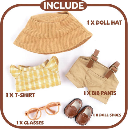Clothes for Doll, 5-Piece Set Doll Clothes 6.7in/17cm Doll Outfits Cute Accessories for Doll Includes Doll Shoes+Doll Hat+Plaid T-Shirt+Bib Pants+Glasses Clothes Set
