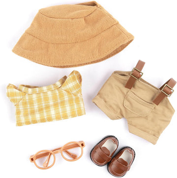 Clothes for Doll, 5-Piece Set Doll Clothes 6.7in/17cm Doll Outfits Cute Accessories for Doll Includes Doll Shoes+Doll Hat+Plaid T-Shirt+Bib Pants+Glasses Clothes Set