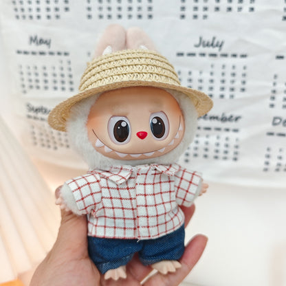 +17cm Labubu Doll Clothes – Checkered Shirt Outfit with Hat, Glasses, Mini Camera & Bag for Sit-Down Party (For Labubu V2 & V3 Vinyl Dolls)